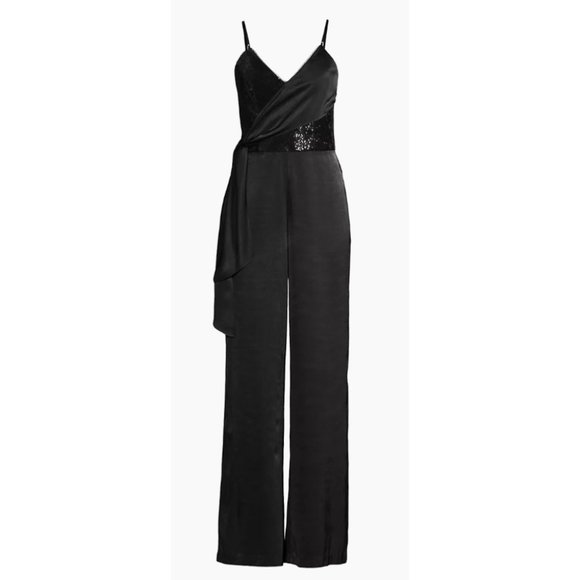 Aidan by Aidan Mattox Sequin-Embellished Wrap Jumpsuit Size 4 Black NWOT